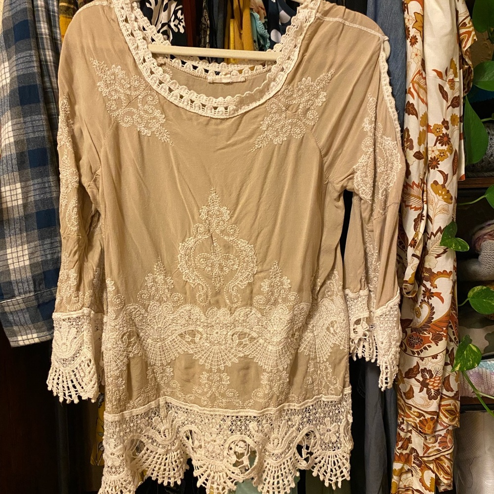 Elegant Beige Lace Embroidered Women's Top